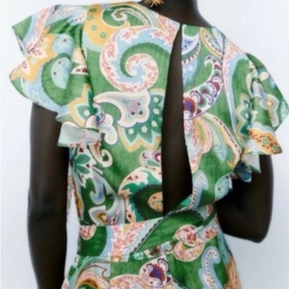 ZARA Green Paisley BOHO Belted Wide-Leg Jumpsuit Size Small NWT 🍃 - Picture 4 of 10